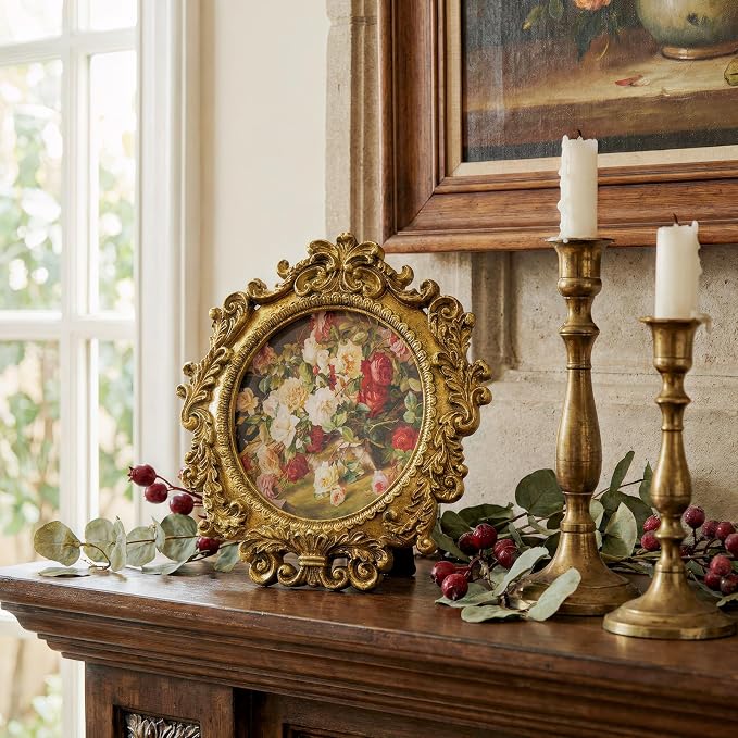 Cuspin Vintage Round Gold Picture Frame 4x4 Inch, Ornate Floral Resin Photo - Image 3