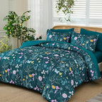 Yiran Teal Blue Comforter Set Queen Size, 7 Piece Floral Botanical Comforter - Image 2