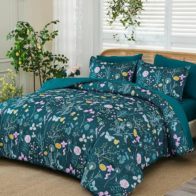 Yiran Teal Blue Comforter Set Queen Size, 7 Piece Floral Botanical Comforter - Image 2