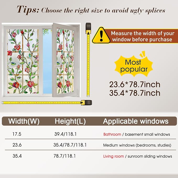 Windimiley Stained Glass Window Film, 3D Rose Floral Decorative Window Covering - Image 7