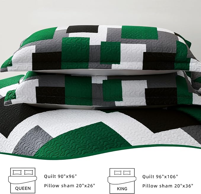 Tyrot 2 Piece Green Quilt Set Twin Size Black Grey White Geometric Reversible - Image 7