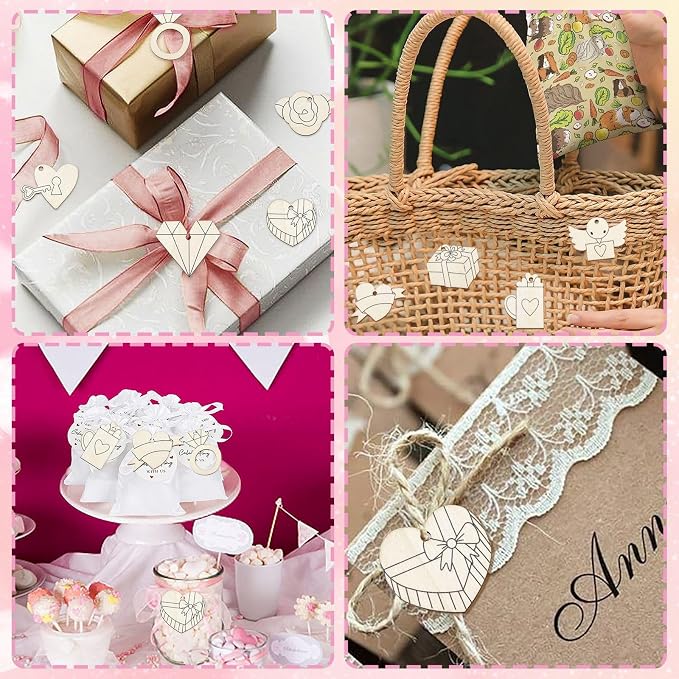 54 pcs Mixed Styles Wedding Theme Unfinished Wooden Cutout Charms Ring Heart - Image 7