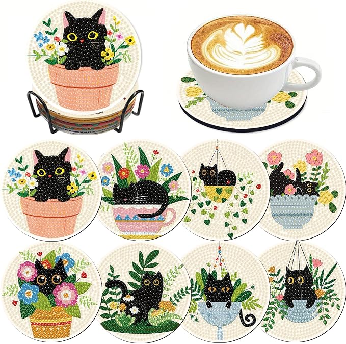 Clendo 8 Pcs Black Cat Diamond Art Coasters Kit by Clendo