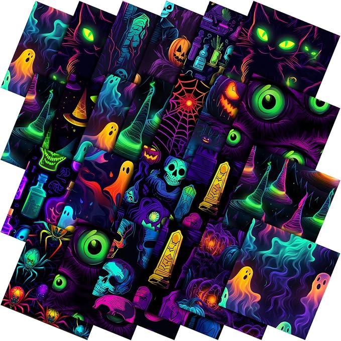 HunnmingRe 20 Pcs 10''x10'' Neon Halloween Quilting Fabric Square Spooky Ghost by HunnmingRe