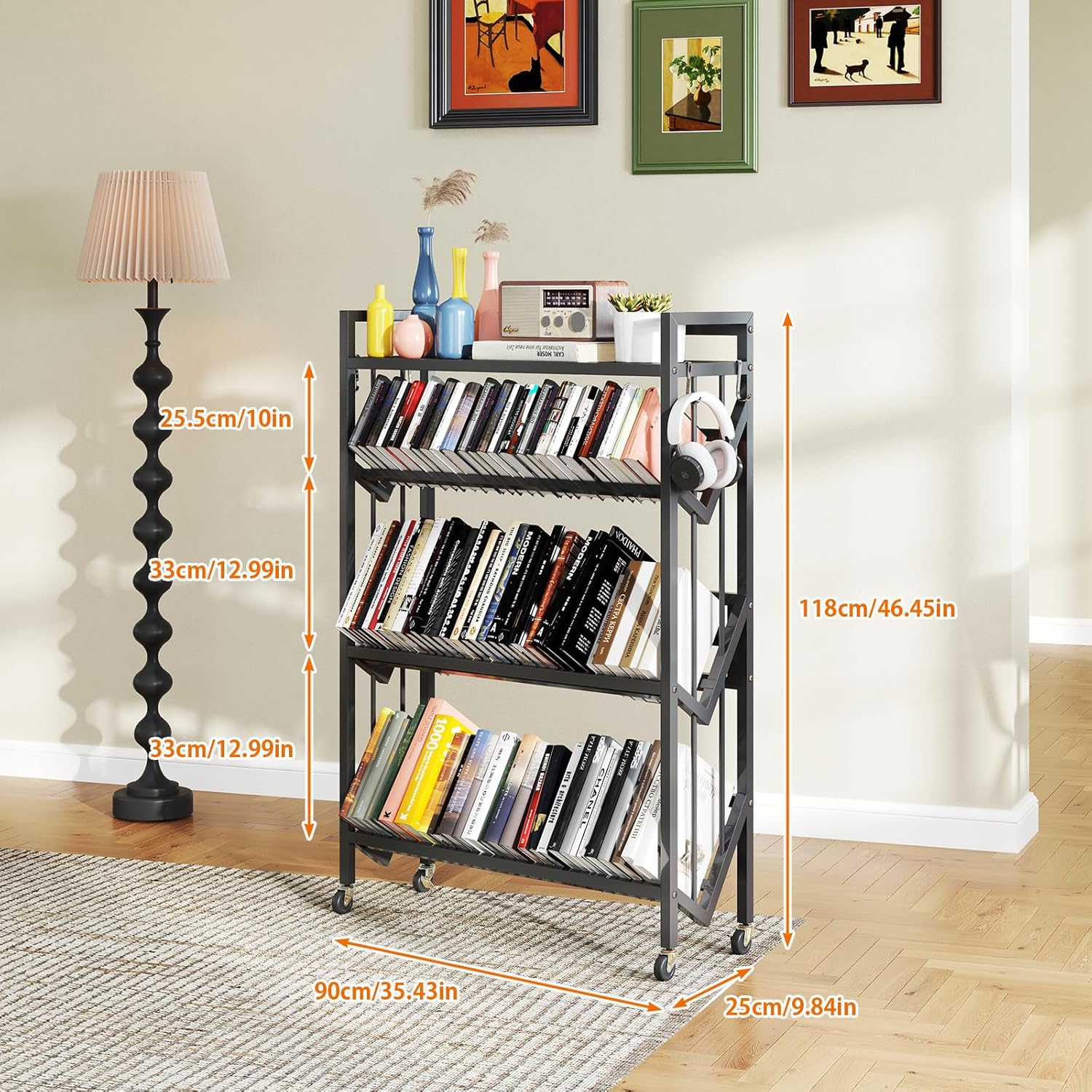 Book Carts 4 Tier 46.5x35.4x9.84 in Rolling Book Cart Large Capacity Bookshelf Storage Rack Mobile Book Storage with Wheels Cart for Home Office Living Room Classroom (Black)