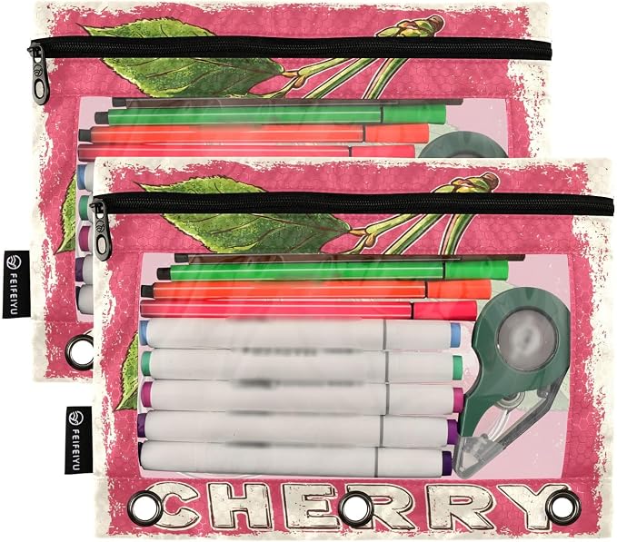 Red Cherry Print Pencil Pouch for 3 Ring Binder, 2 Pack Waterproof Pencil Bags - Image 2
