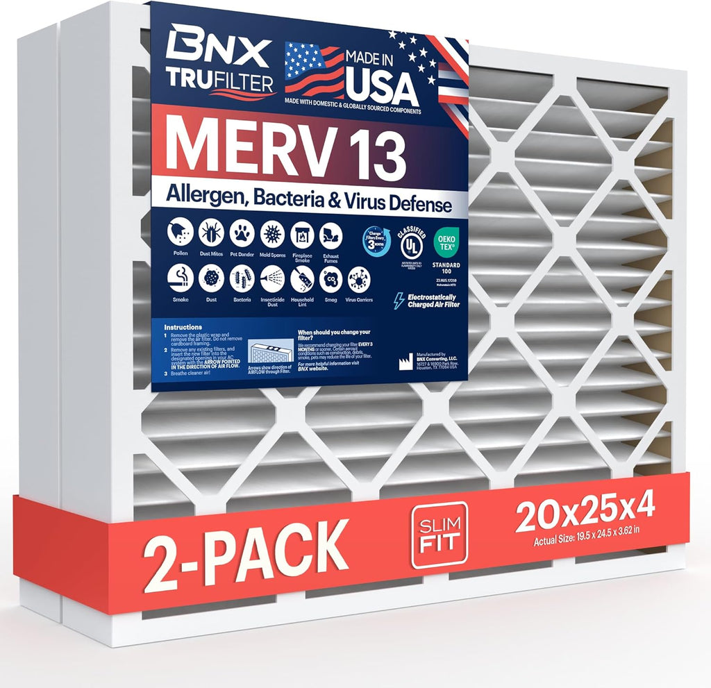 BNX TruFilter 20x25x4 (19.5’’ x 24.5’’ x 3.63‘’ Slim Fit) MERV 13 Air Filter (2-Pack) - MADE IN USA - Air Conditioner HVAC AC Furnace Filters Health, Allergies, Mold, Bacteria, Smoke, MPR 1900 FPR 10
