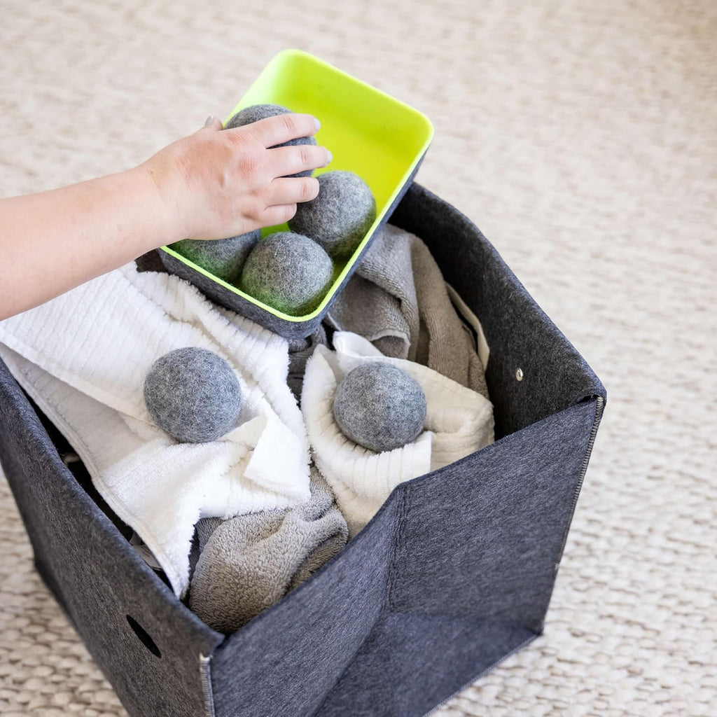 Three by Three Seattle Felt·Like·it!™ Wool Dryer Balls + Storage Bin: Reduce Drying Time, Static Cling, and Energy Use | Natural Alternative to Fabric Softeners (Pack of 6)