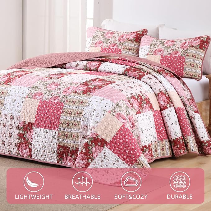 Anibedding 3Pieces Patchwork Quilts King Size, Bohemian Red Flower Plaid - Image 2