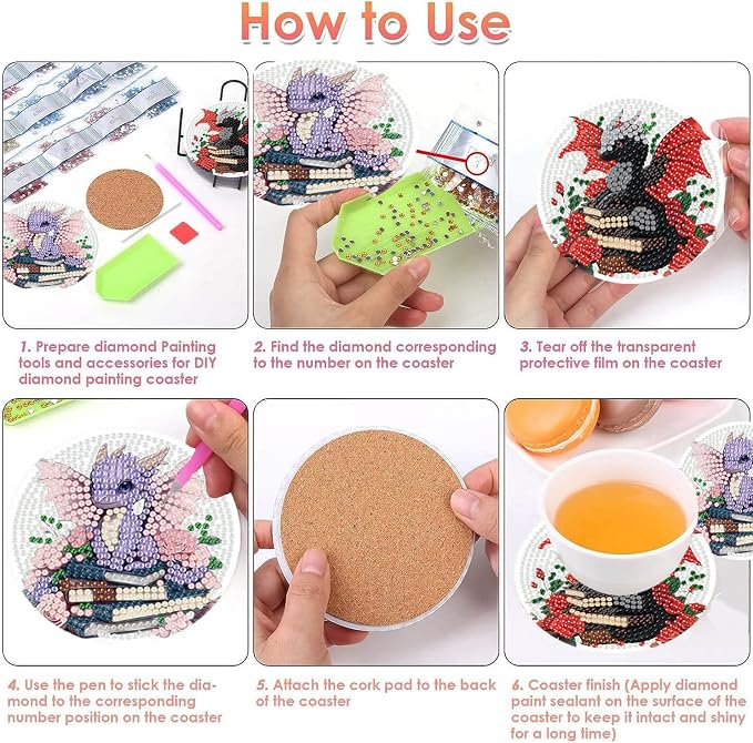 8 PCS Diamond Art Coasters Kits Dragon Book Diamond Painting Coaster | Diamond - Image 2