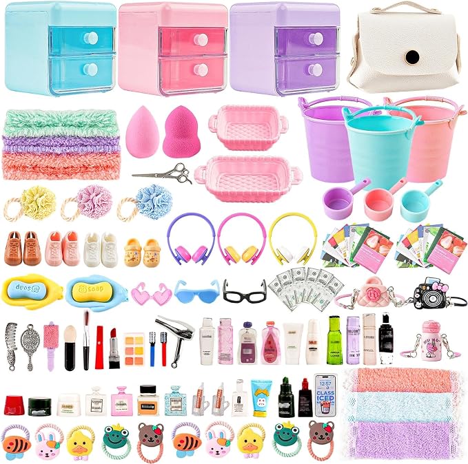 118Pcs Dollhouse Mini Jewelry Storage Case Cosmetic Hand Bag Towel Bathroom Set by HSJH