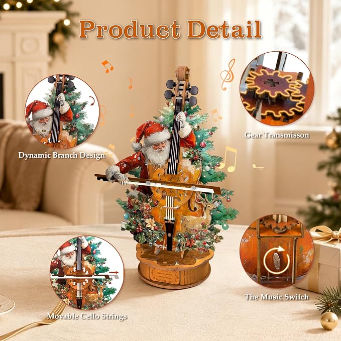 3D Wooden Puzzles for Adults, Christmas Cello Music Box, DIY Cello Model Kit - Image 3