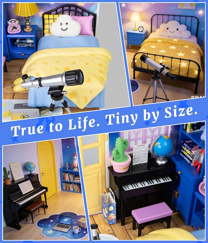 Starry Night Bedroom Miniature House Kit, DIY Space-Themed Dollhouse - Image 7