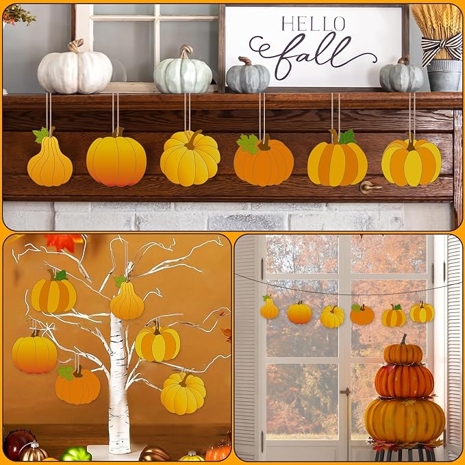 24 PCS Unfinished Wooden Fall Crafts, Pumpkin Shaped Hanging Ornaments DIY Wood - Image 7
