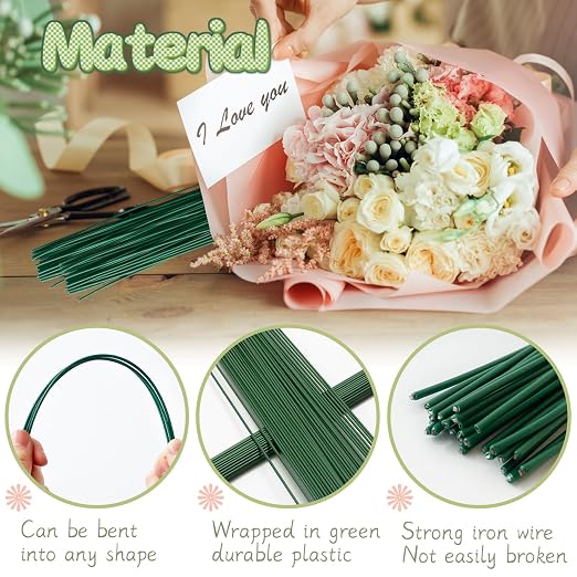 100 Pcs Floral Stems Wire for Paper Flower, 14 Inch 2 Gauge Dark Green Floral - Image 3