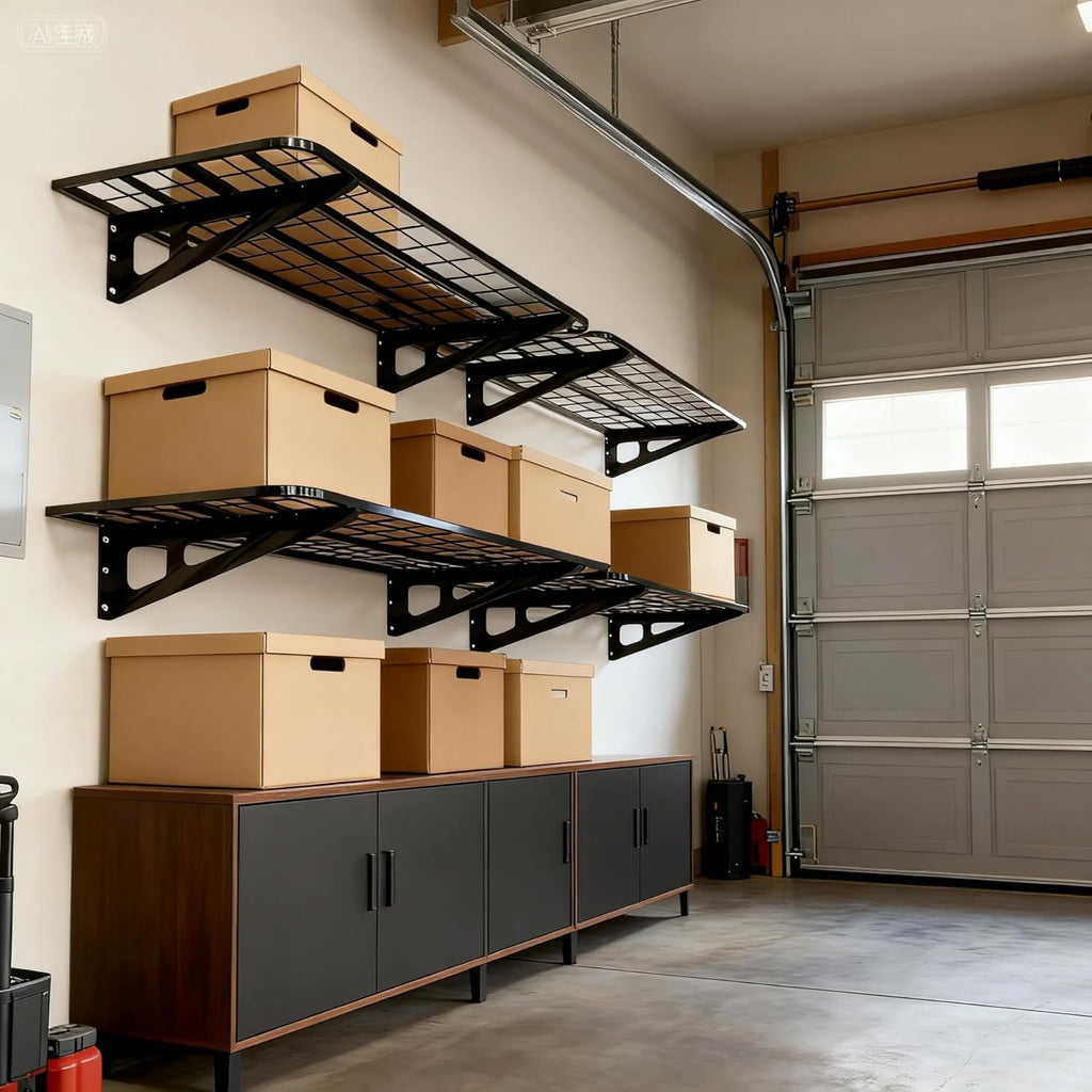 4-Pack 2x4ft Garage Wall Shelving, 4 Shelf Total 16 ft(L) Garage Shelving Wall Mounted, Heavy-Duty Storage Shelves, Perfect for Holding Storage Bins, Sporting Goods, Tools, and More Space-Saving