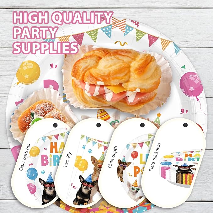 96Pcs Chihuahua Birthday Party Decoration Let's Pawty Plates and Napkins Puppy - Image 6