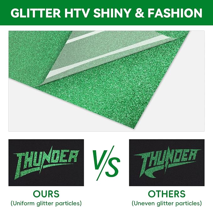 Aoder Green Glitter HTV Heat Transfer Vinyl: 12" x 10FT Green Glitter HTV Iron - Image 3