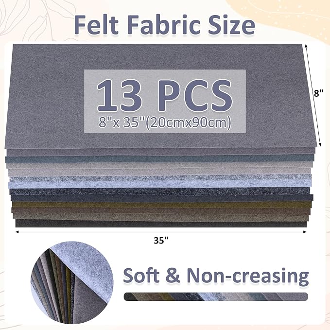 XSEINO 13 Rolls 8"x35" 1.4mm Thick Soft Felt Fabric Sheet 13 Assorted Gray - Image 3