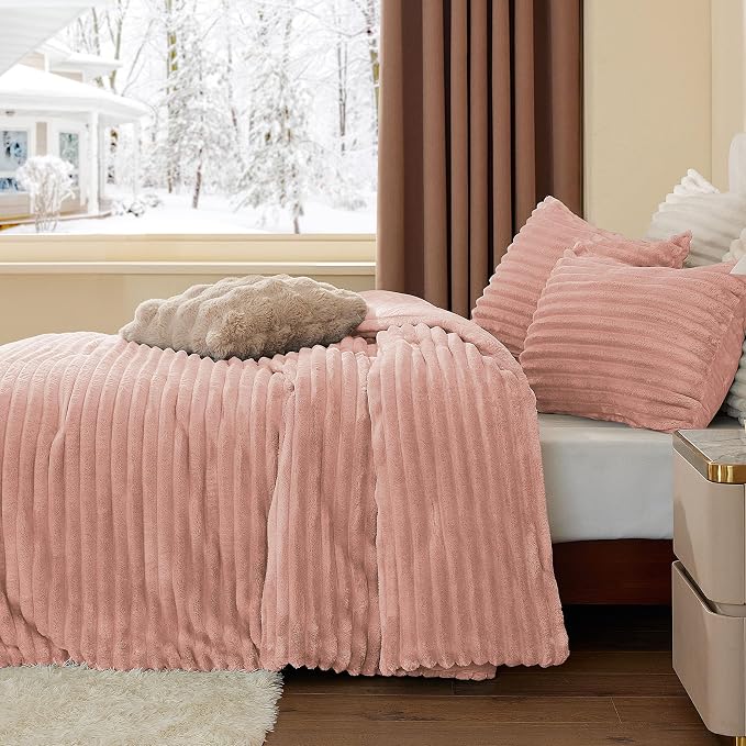 BEDELITE Fleece King Comforter Set -Super Soft & Warm Fluffy Dusty Pink Bedding - Image 4