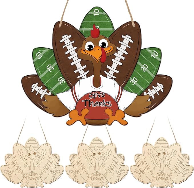 Paintable Thanksgiving Ornaments 3 Sets, Wooden Football Turkey Ornaments to by Sereliy
