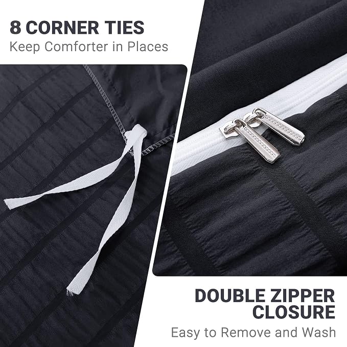 HYMOKEGE Black Duvet Cover King Size, Ultra Soft 3-Piece Seersucker Duvet Cover - Image 5