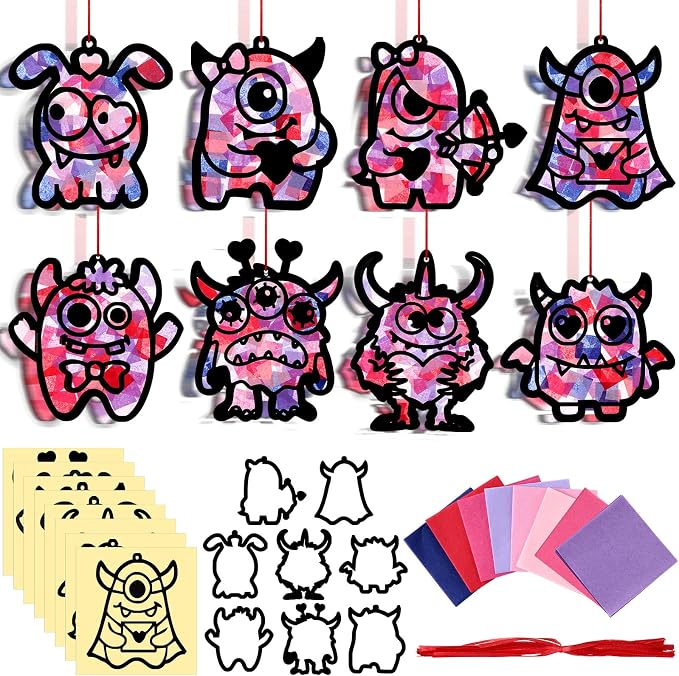 Eersida 32 Sets Valentine's Day Monster Suncatcher Craft Kit, DIY Stained Glass by Eersida