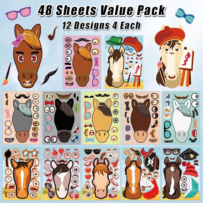 48 Sheets Create Funny Ponies Stickers, Make a Face Stickers - Image 3