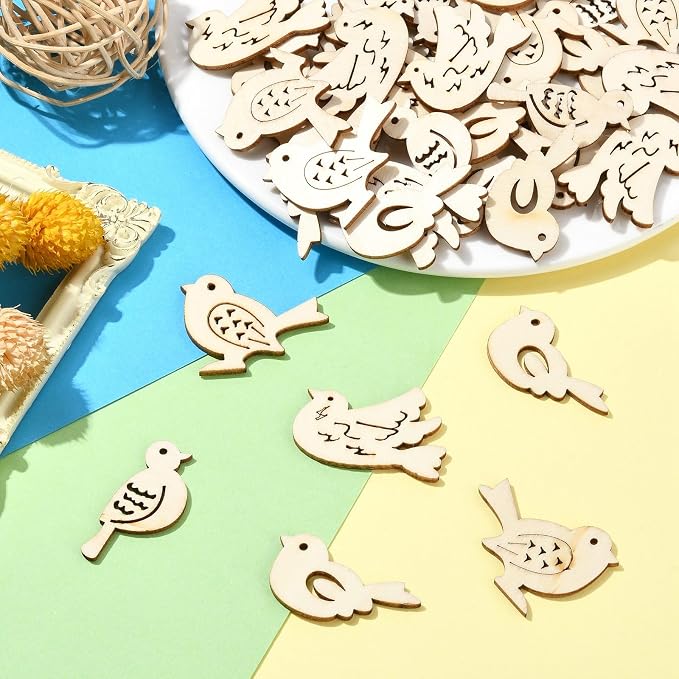 200 pcs Mixed Styles Bird Theme Undyed Wood Cutout Charms Spring Animal Wood - Image 6