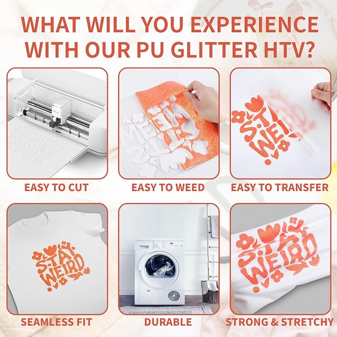 HTVRONT Neon Orange Glitter HTV- 10" x 8ft Glitter Iron on Vinyl - Image 3