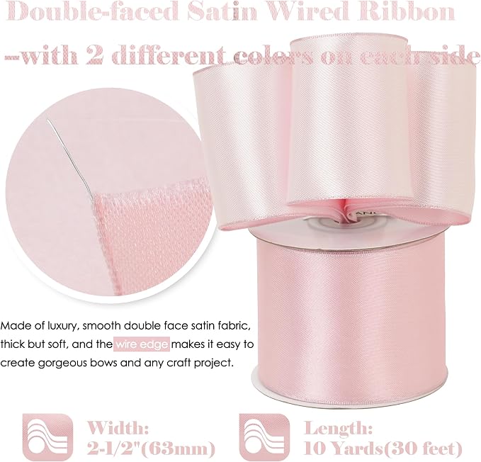 HUIHUANG Pink Satin Wired Ribbon 2.5 inch - Image 2
