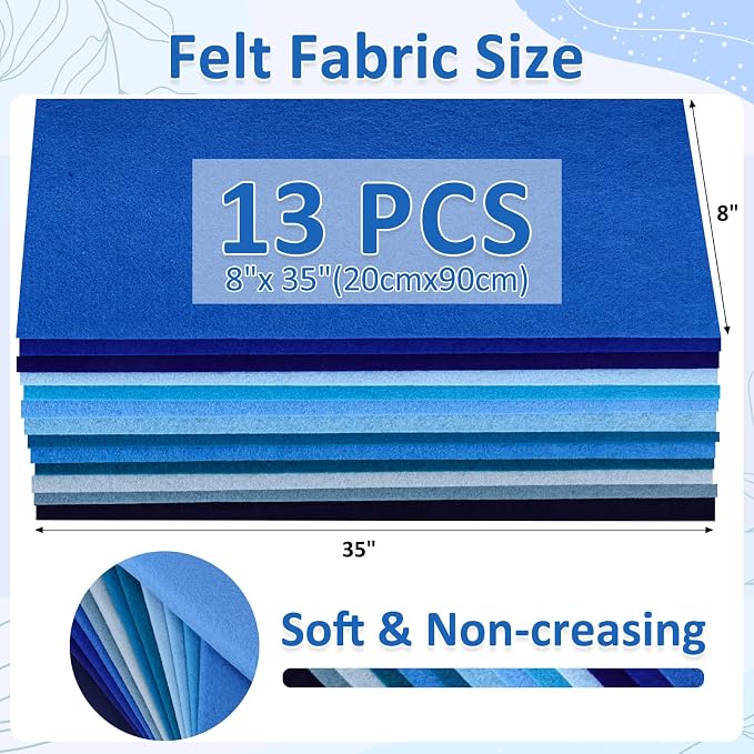 XSEINO 13 Rolls 8"x35" 1.4mm Thick Soft Felt Fabric Sheet 13 Assorted Blue - Image 3