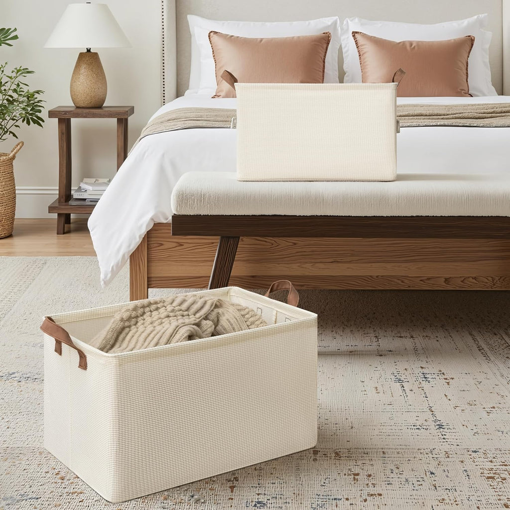 StorageWorks Storage Bins, Shelves Baskets for Organizing, 45L Extra Large Fabric Closet Organizers with Handles, Metal Frame, Beige（Texture）, 2-Pack