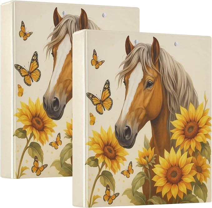 Horse Round Ring Binders 1.5 Inch Butterfly Sunflower 3 Ring Clipboard Binder by Wamika