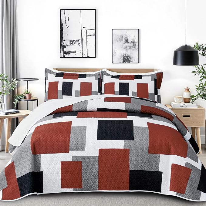 Tyrot 3 Piece Burnt Orange Grey Quilt Set Full/Queen Size Black White Gray by TyrotHomeDecor
