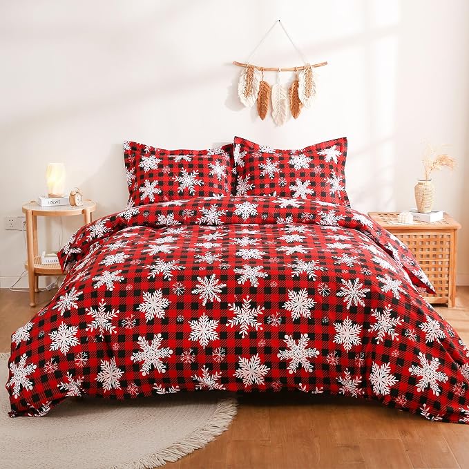 JSD Red Buffalo Plaid Snowflakes Duvet Cover Set King Size, 3 Piece Christmas - Image 7