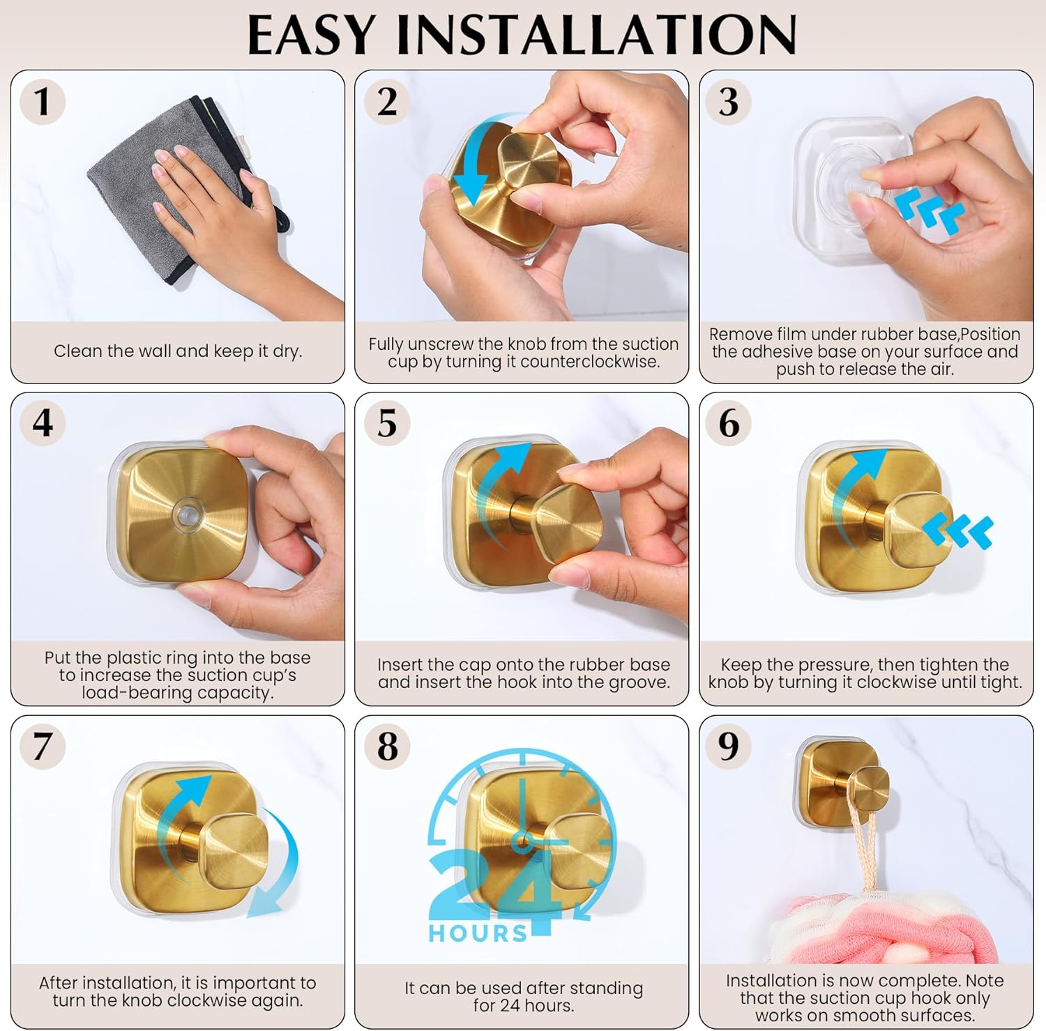 Suction Cup Hooks for Shower - Reusable No-Drill Mounting - Hooks for Towels, Robes & Loofah on Metal, Glass, Mirrors, Tile & Smooth Non-Porous Surfaces (2, Brushed Gold)