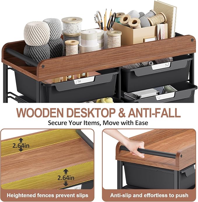 10 Drawers Rolling Cart with Wooden Tabletop, Utility Storage Cart with Wheels - Image 4