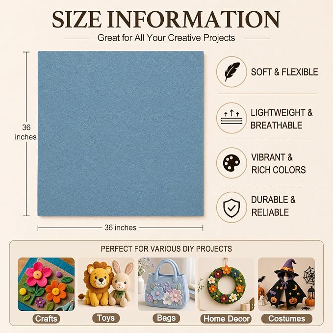 Dusty Blue Large Felt Fabric 36" x 36", 1.4 mm Soft Felt Sheet, Nonwoven Fabric - Image 3