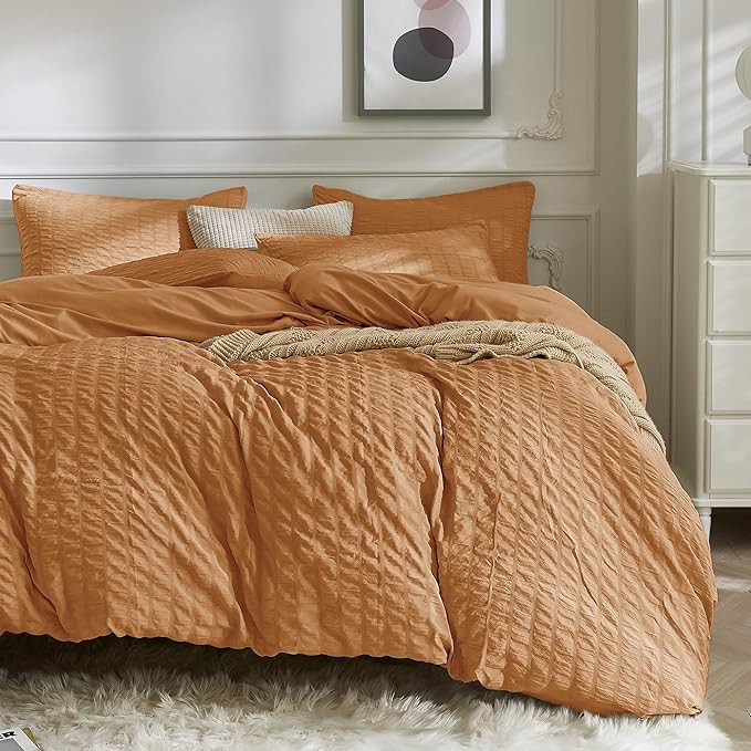 JELLYMONI Burnt Orange Duvet Cover Queen Size, Soft Breathable Seersucker Duvet by JELLYMONI