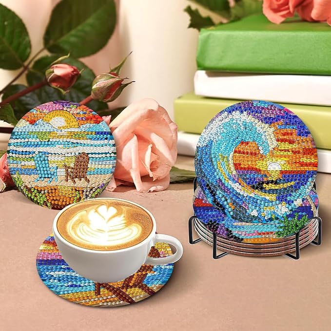8 PCS Diamond Art Coasters Kits Sunset Beach Diamond Painting Coaster | Diamond - Image 6