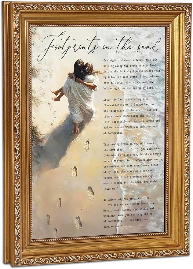 Vintage Gold Framed Jesus Wall Art Footprints in the Sand Christian Canvas by Unknown