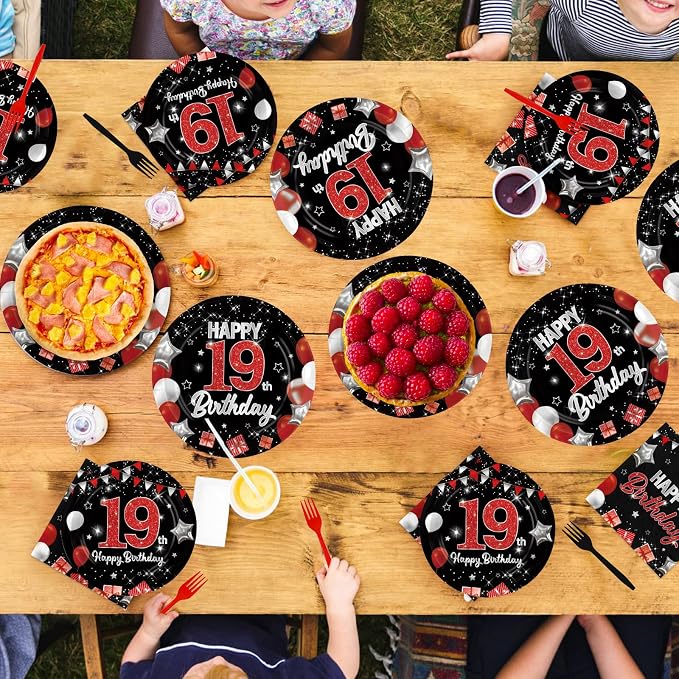 96Pcs Red and Black Party Decorations Happy 19th Birthday Plates and Napkins - Image 8