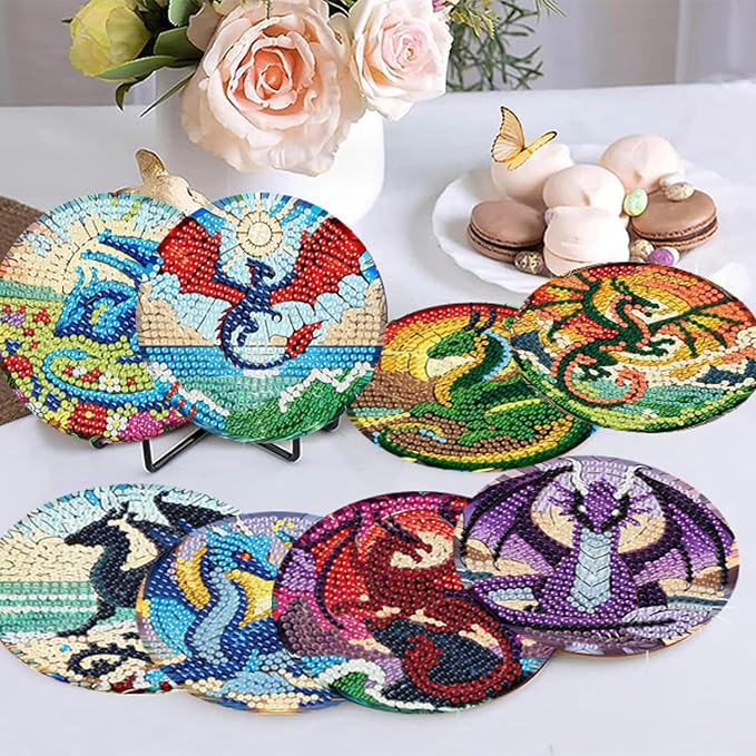 Zythron 8 Pack Diamond Art Coasters, Dragon Diamond Painting Coasters Kits | - Image 5
