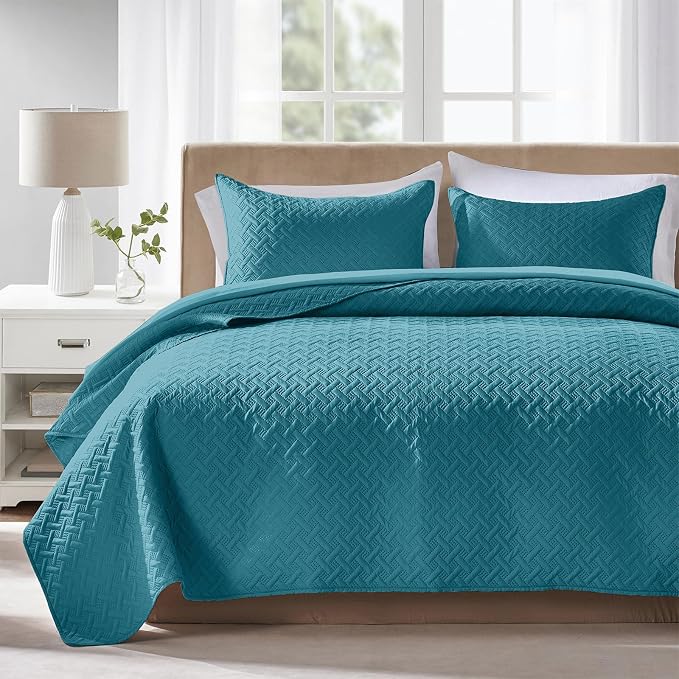 FLYMME Quilts Queen Size, Lightweight Teal Bedspreads, Basket Weave Pattern by FLYMME