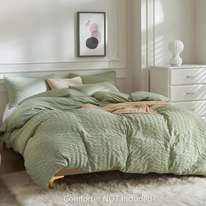 JELLYMONI Green Duvet Cover Oversized Queen Size, Soft Breathable Seersucker - Image 3