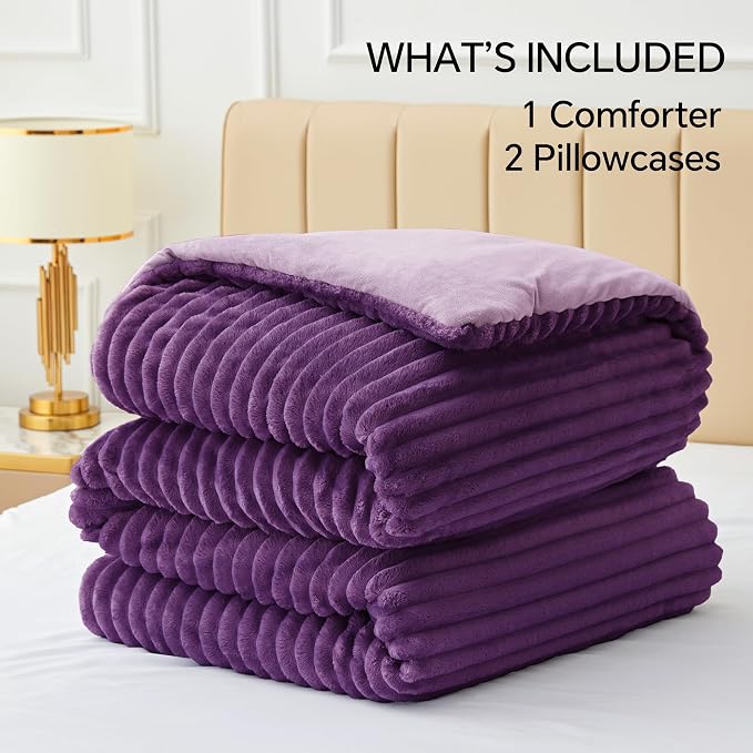 BEDELITE Fleece California King Comforter Set -Super Soft & Warm Fluffy Purple - Image 6