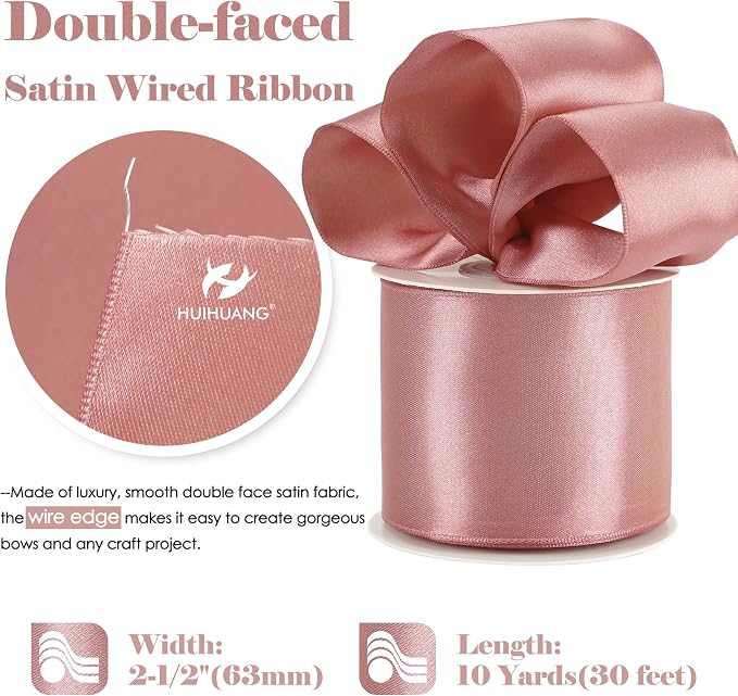 HUIHUANG Dusty Rose Wired Ribbon 2.5 inch Rose Pink Satin Wire Ribbon - Image 2