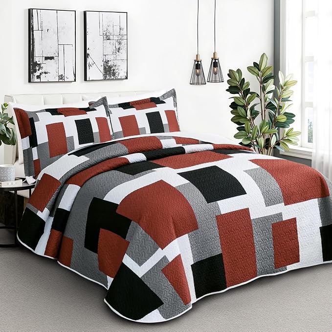 Tyrot 3 Piece Burnt Orange Grey Quilt Set Full/Queen Size Black White Gray - Image 2