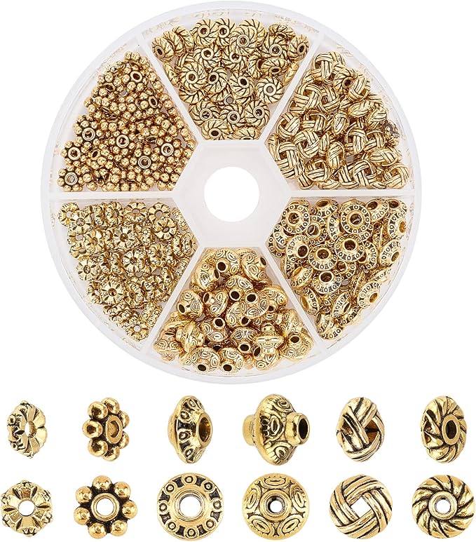 PH PandaHall 300pcs Spacer Beads 6 Style Antique Golden Tibetan Metal Jewelry by PHPandaHall